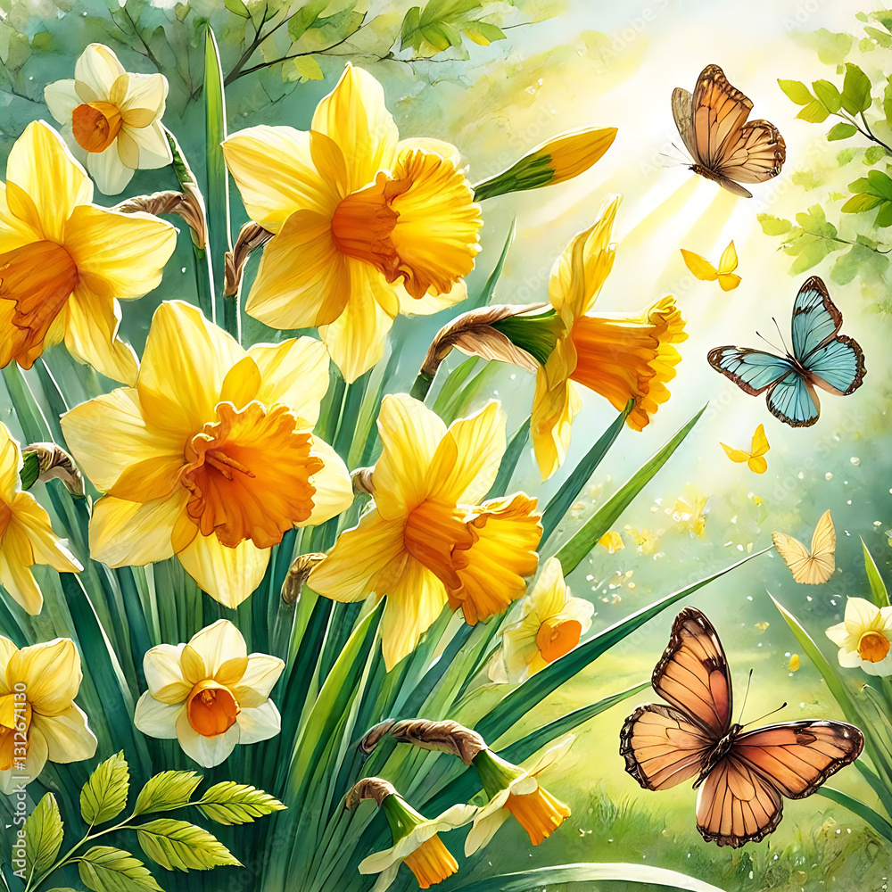 custom made wallpaper toronto digitalBright yellow daffodils in full bloom under warm sunlight, surrounded by green grass and fluttering butterflies. A vibrant spring scene capturing nature's beauty and fresh beginnings