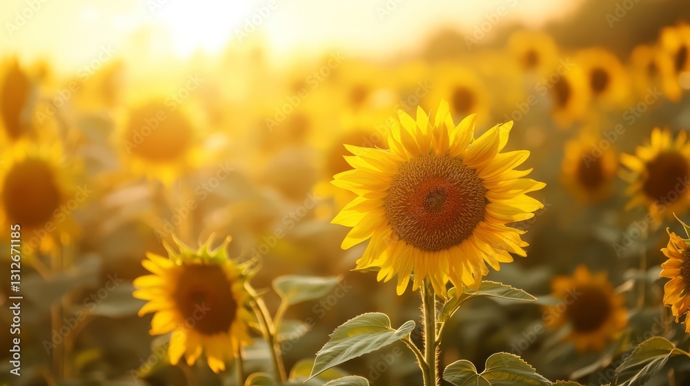 Obraz premium A field of sunflowers with a single sunflower in the foreground. The sunflower is the center of attention and the rest of the flowers are in the background