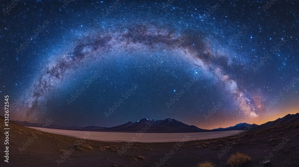 Fototapeta premium Night sky full of stars. Milky way over mountains and desert landscape. Dark ground below glowing galaxy. Bright starlight across vast view. Space above earth.
