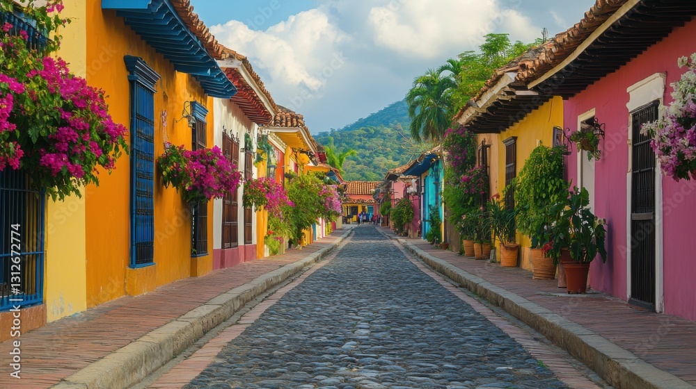 Fototapeta premium Colorful Town Street. Bright Buildings line Cobblestone Road. Plants grow beside Houses. Mountain view at the end.