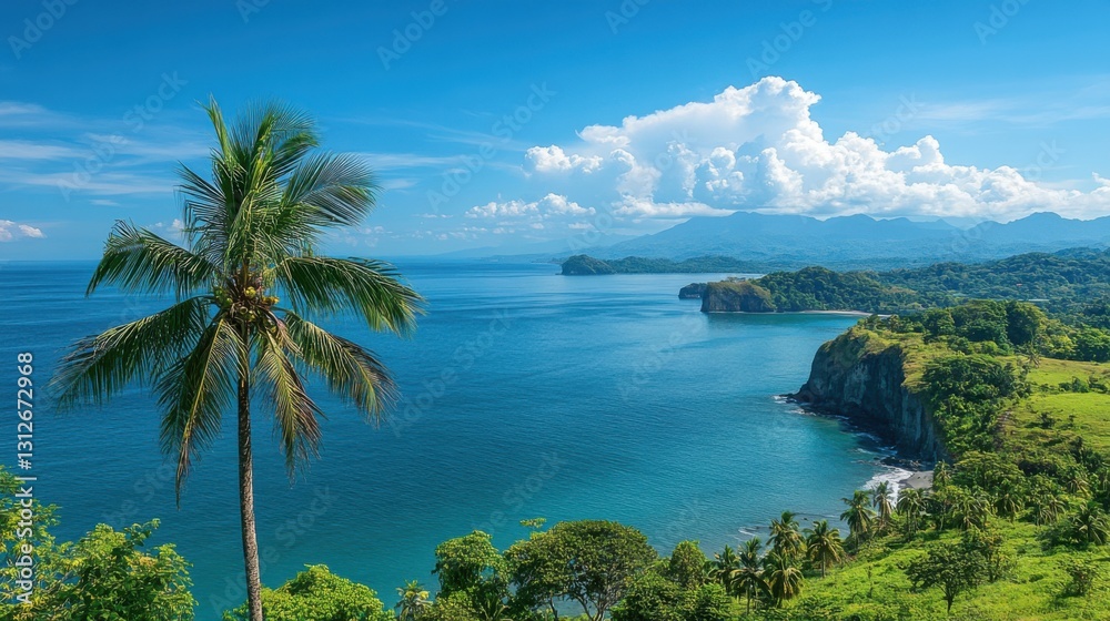 Palm tree stands near blue sea. Green hills meet the ocean water. White clouds float in blue sky. Beautiful tropical view. Palm tree stands near blue sea. Green hills meet the ocean water. White clouds float in blue sky. Beautiful tropical view.