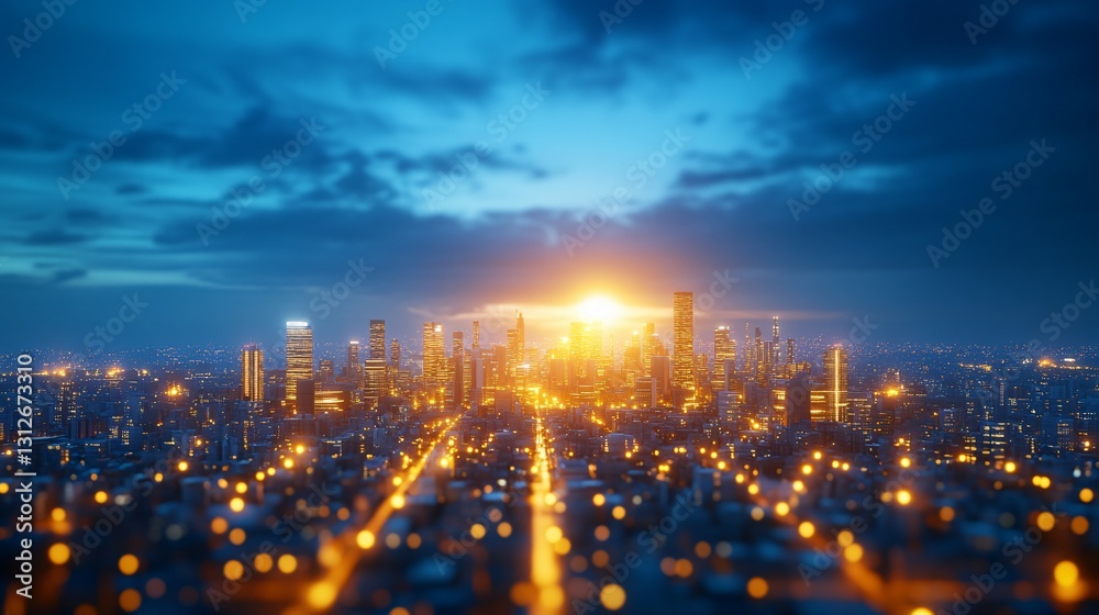 Obraz premium Illuminated cityscape with buildings at dusk under a cloudy sky