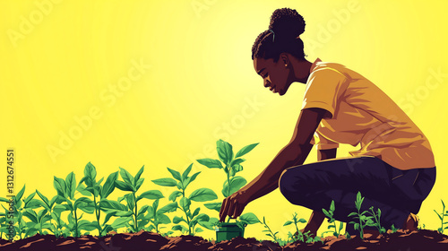 Woman planting seedlings in a vibrant garden under sunny sky
