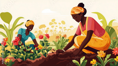 Women planting flowers in a vibrant garden during sunny afternoon