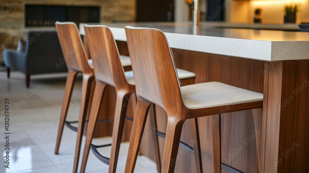 Elegant Wooden Barstools with Cushioned Seats in a Contemporary Kitchen Elegant Wooden Barstools with Cushioned Seats in a Contemporary Kitchen