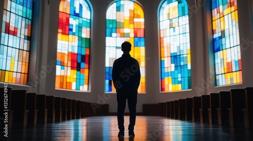 Silhouette of a believer standing in front of a large stained glass window . 