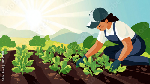 Gardener tending to vibrant green crops under a bright sun