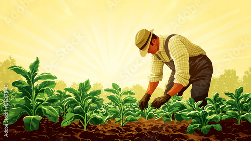 Farmer tending to green crops at sunrise in a beautiful rural landscape