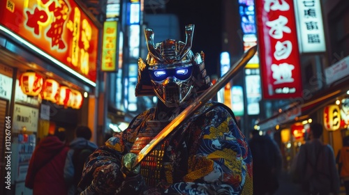 Cyberpunk Samurai in Neon Tokyo Streets