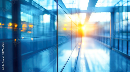 Blurred modern corridor with sunlight reflection on glass walls