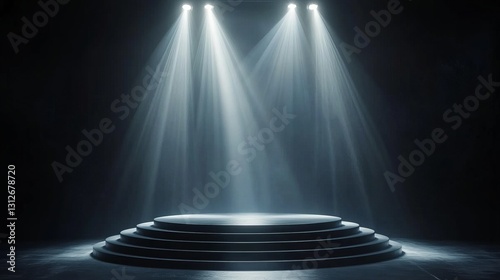 spotlight beams on empty podium, dramatic lighting, high resolution, realistic stage design, minimalistic and clean, dark background, soft shadows, performance atmosphere