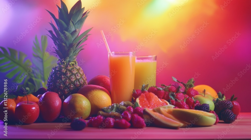 Fresh Juice and Assorted Fruits on Wooden Table with Bright Colors Background, 8k Resolution Fresh Juice and Assorted Fruits on Wooden Table with Bright Colors Background, 8k Resolution
