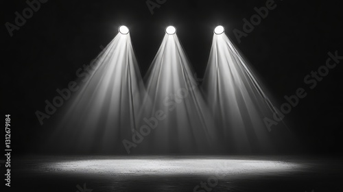 stage with multiple spotlight beams, realistic lighting, high resolution, dramatic and theatrical atmosphere, dark background, concert or performance setting, soft shadows