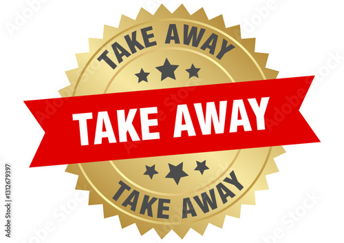 take away. take away round red and gold label isolated on transparent background