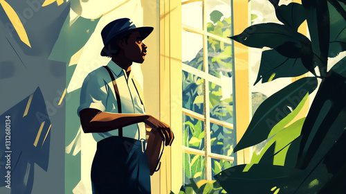 Man in stylish attire gazes out of a window surrounded by lush greenery