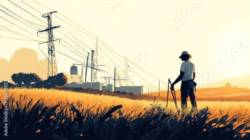 Farmer standing in golden field near power lines during sunset