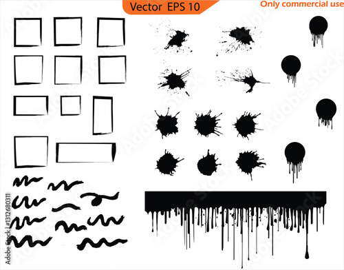 Set of ink splashes blots. Vector Set of Black Ink Brush Strokes and Paint Lines – Grunge Brushes, Text Boxes, and Paintbrush Textures for Design