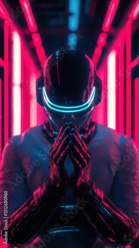 Image d'un personnage futuriste avec un casque et des lumières néon photo