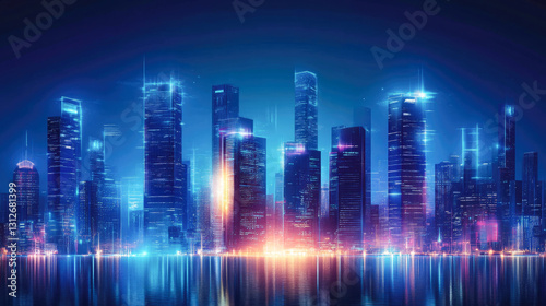 Futuristic neon cityscape at night reflecting over water with bright skyscrapers