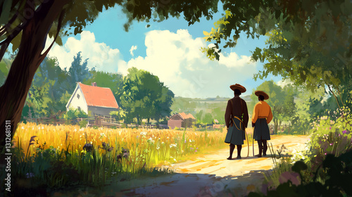 Two figures strolling along a rural path in the countryside under a sunny sky