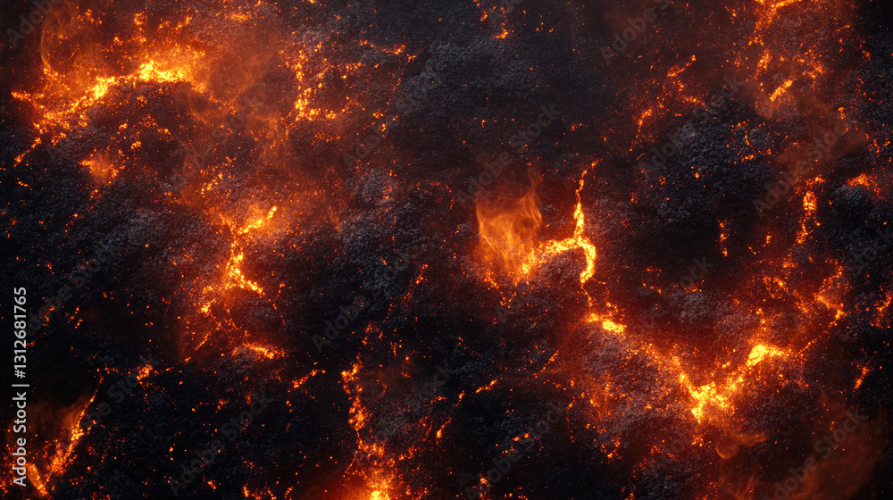 Intense glowing lava flowing in volcanic eruption landscape Intense glowing lava flowing in volcanic eruption landscape