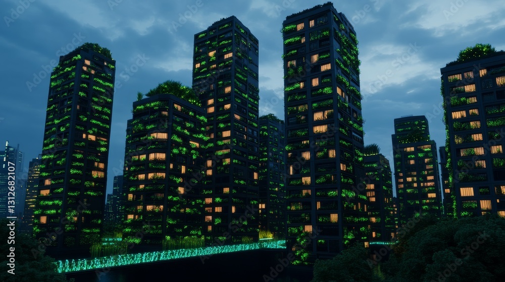 Fototapeta premium Utopian city with bioluminescent skyscrapers, vertical gardens, and floating walkways