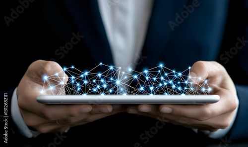 Hands Holding Tablet with Digital Network Connections Concept