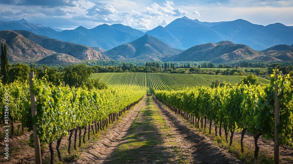 Fototapeta premium Vineyard row stretches toward mountains. Green leaves of vines. Field vista of plants. Summer growth under sky. Path view to hills.