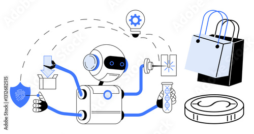 Robot with multiple arms handling tasks, including research, shopping, and deliveries with iconography for security, ideas, and packages. Ideal for AI, technology, automation research e-commerce