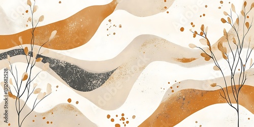 Abstract art with flowing lines and neutral earth tones. Minimalist style with subtle plant details