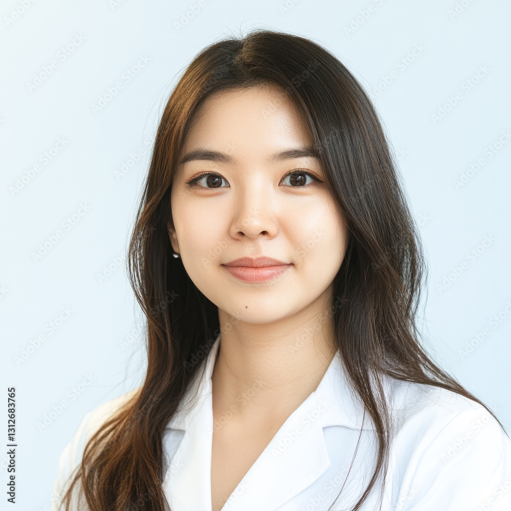 Asian female young adult in white coat, professional portrait