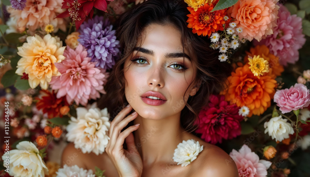 Dreamy close-up of a woman with delicate floral accents