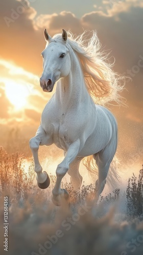 Majestic white horse gallops through the golden plains at sunset creating a picturesque moment of natural beauty and freedom