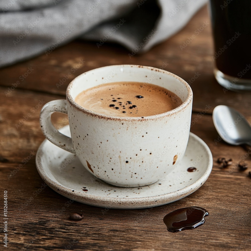 Fototapeta premium Rustic ceramic cup of coffee with rich crema on a wooden table.