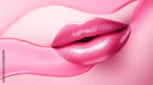 Glossy pink lips with glossy lipstick smear creating modern aesthetic photo