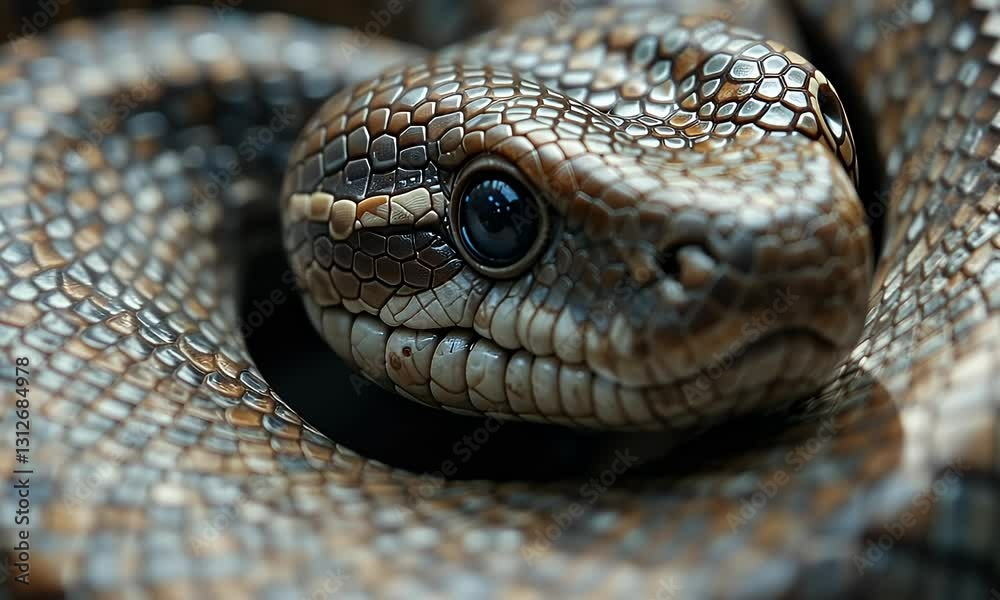 Close Up of a Brown Snake with Intricate Scales Coiled in Dark Background Close Up of a Brown Snake with Intricate Scales Coiled in Dark Background