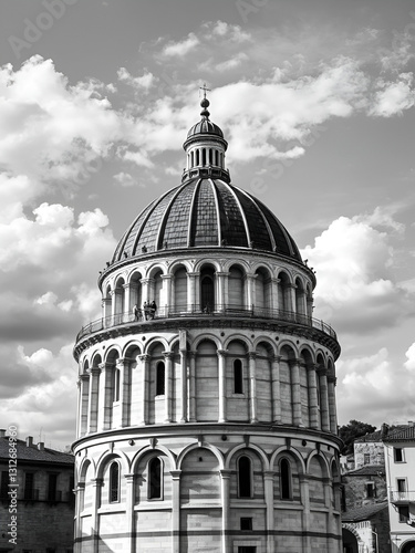 Pisa Baptistry medieval dome with clouds and city ancient walls (Black and White)