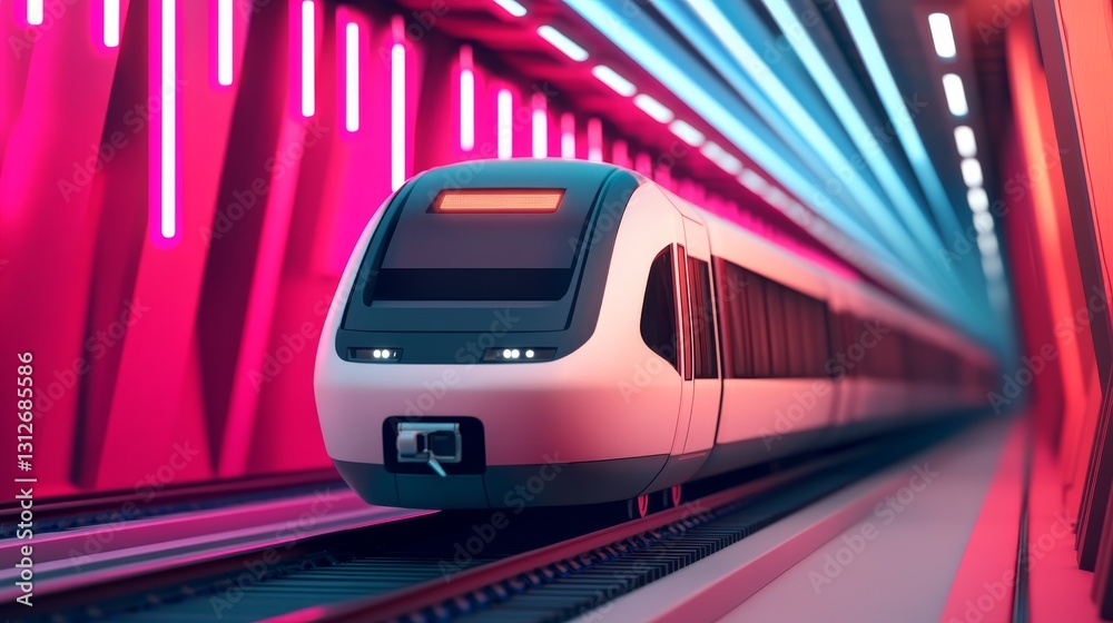 Naklejka premium High-speed levitating trains gliding through a neon-lit futuristic cityscape
