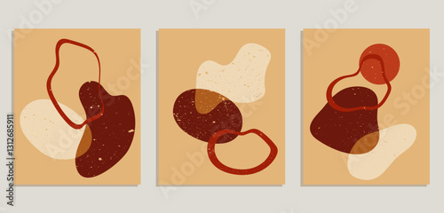 Abstract retro wall art poster set.  Neutral natural colors. Mid Century Modern design.