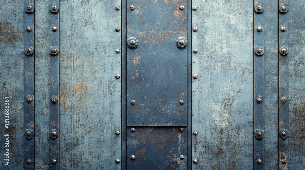 Fototapeta premium Textured blue metal surface with rivets and panels