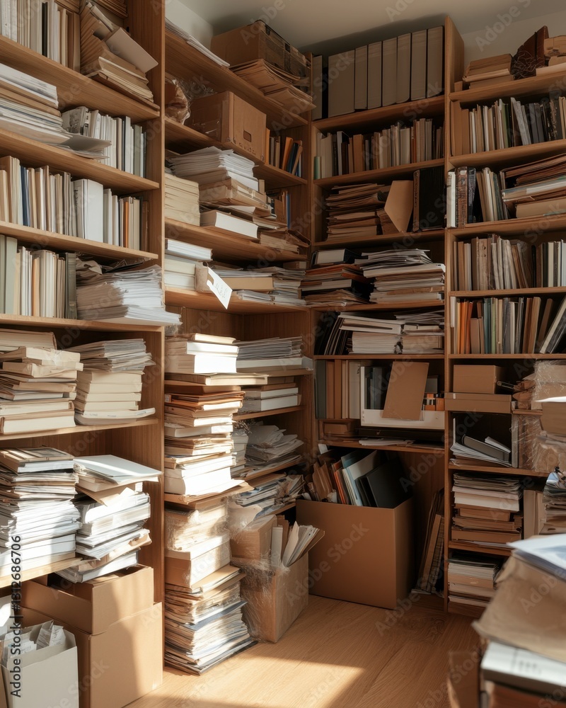 Obraz premium Crowded Office Archive with Stacks of Documents and Files