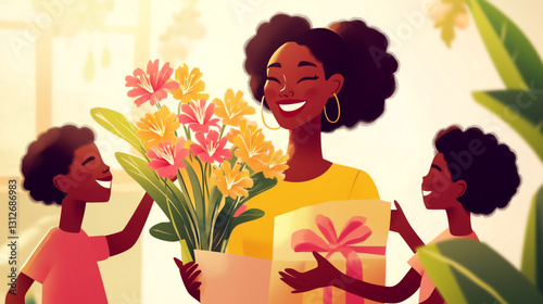 Celebrating a special occasion with flowers and gifts from children indoors