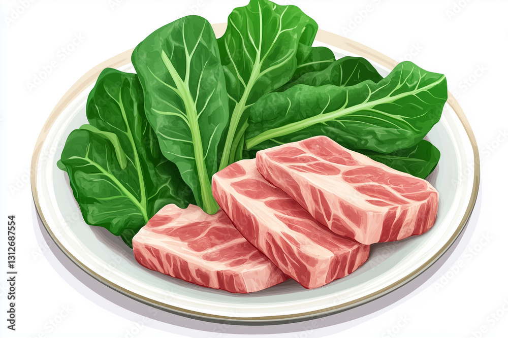 3d isometric view of Collard greens with bacon, food illustration, isolated on white 3d isometric view of Collard greens with bacon, food illustration, isolated on white