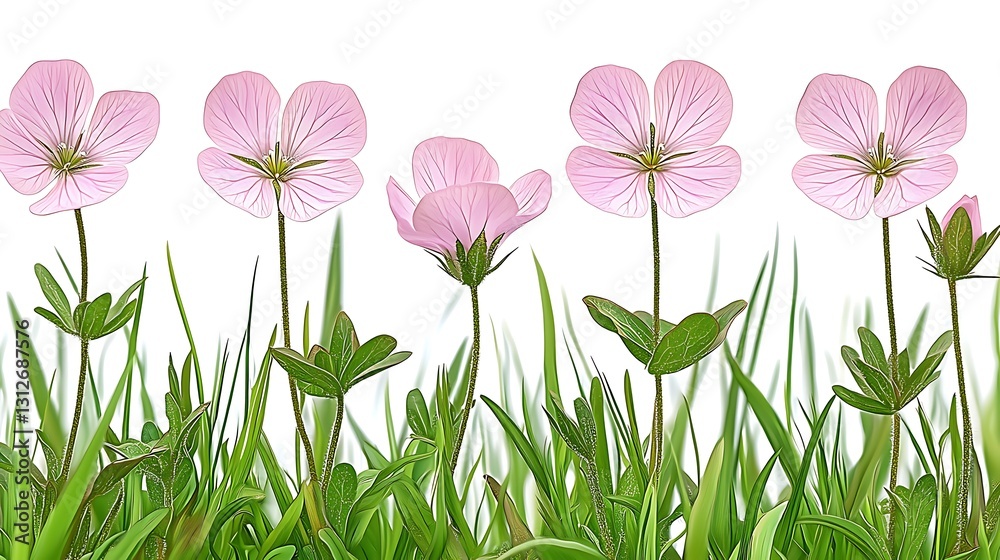 Fototapeta premium Pink flowers in green grass border