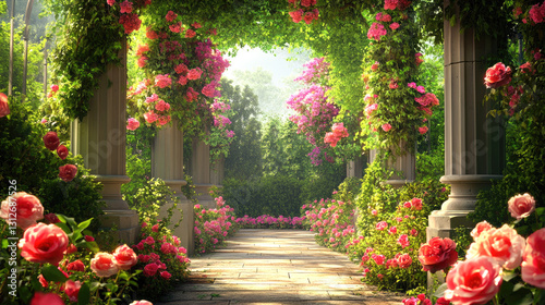 Fototapeta Naklejka Na Ścianę i Meble -  Enchanting rose garden pathway with blooming arches and sunlit foliage