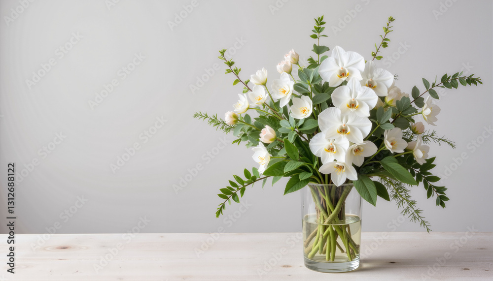 Elegant bridal bouquet with white orchids and lush greenery in glass vase for a modern wedding floral arrangement Elegant bridal bouquet with white orchids and lush greenery in glass vase for a modern wedding floral arrangement