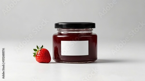 transparent jar without label for strawberry jam, isolated on white background,obejct,berry photo