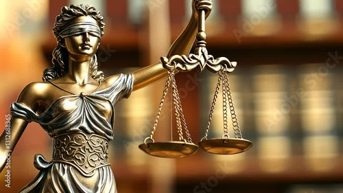 Symbol of justice representing blind justice balancing scales in a law library