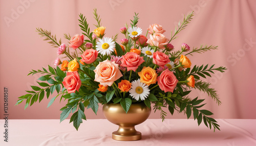 Wallpaper Mural Vibrant floral centerpiece with orange and pink roses, daisies, and greenery in a golden vase for wedding decor inspiration Torontodigital.ca