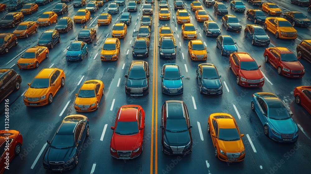 Obraz premium City highway traffic jam, many cars, daytime, aerial view, stock photo